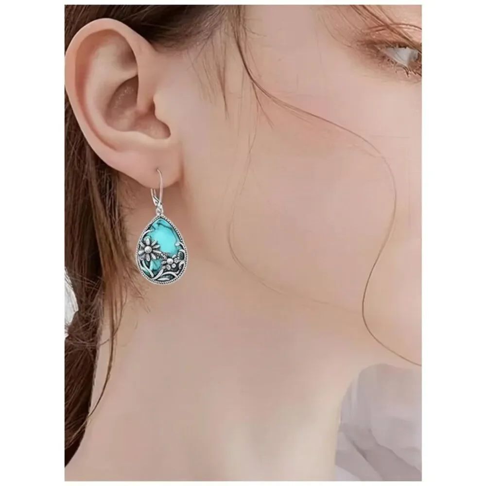 NWT Rustic Southwestern Sunflower & Dangle Earrings Teardrop Silver Plate